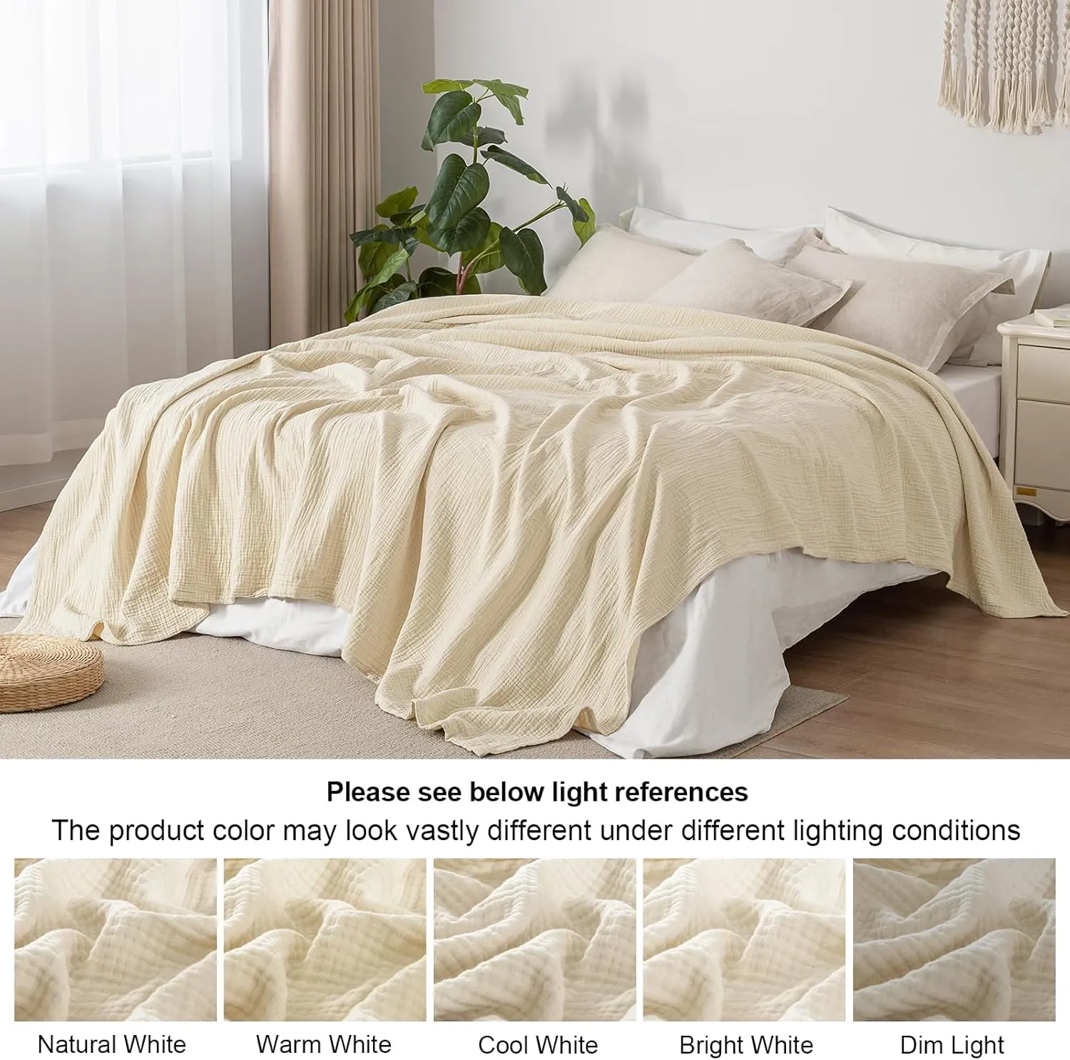 PHF 100% Cotton Muslin Blanket Queen Size 90" x 90", 4-Layer Lightweight and Breathable Blanket, Luxuriously Soft Gauze Blanket for Bed, Beige/Birch