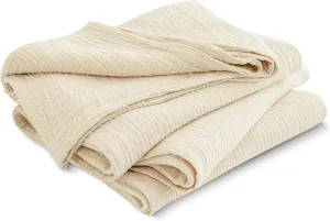 PHF 100% Cotton Muslin Blanket Queen Size 90" x 90", 4-Layer Lightweight and Breathable Blanket, Luxuriously Soft Gauze Blanket for Bed, Beige/Birch