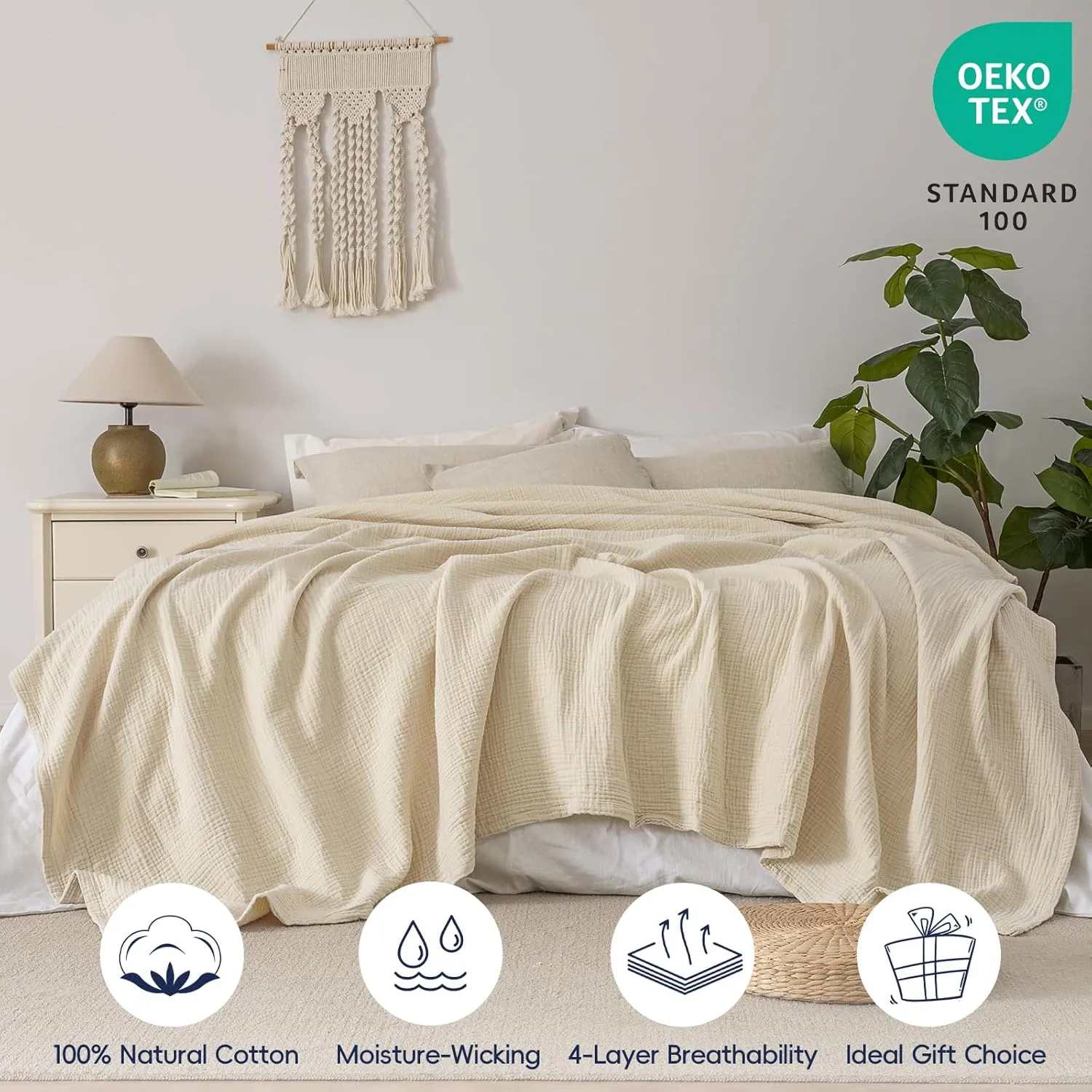 PHF 100% Cotton Muslin Blanket Queen Size 90" x 90", 4-Layer Lightweight and Breathable Blanket, Luxuriously Soft Gauze Blanket for Bed, Beige/Birch