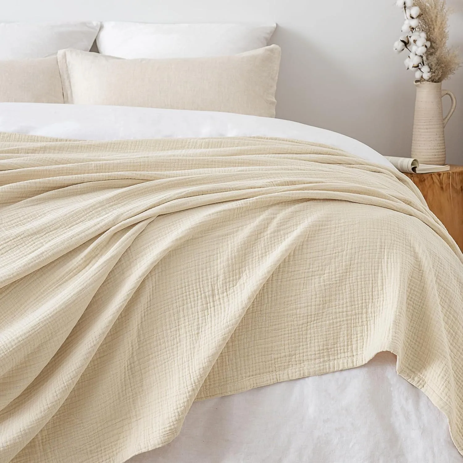 PHF 100% Cotton Muslin Blanket Queen Size 90" x 90", 4-Layer Lightweight and Breathable Blanket, Luxuriously Soft Gauze Blanket for Bed, Beige/Birch