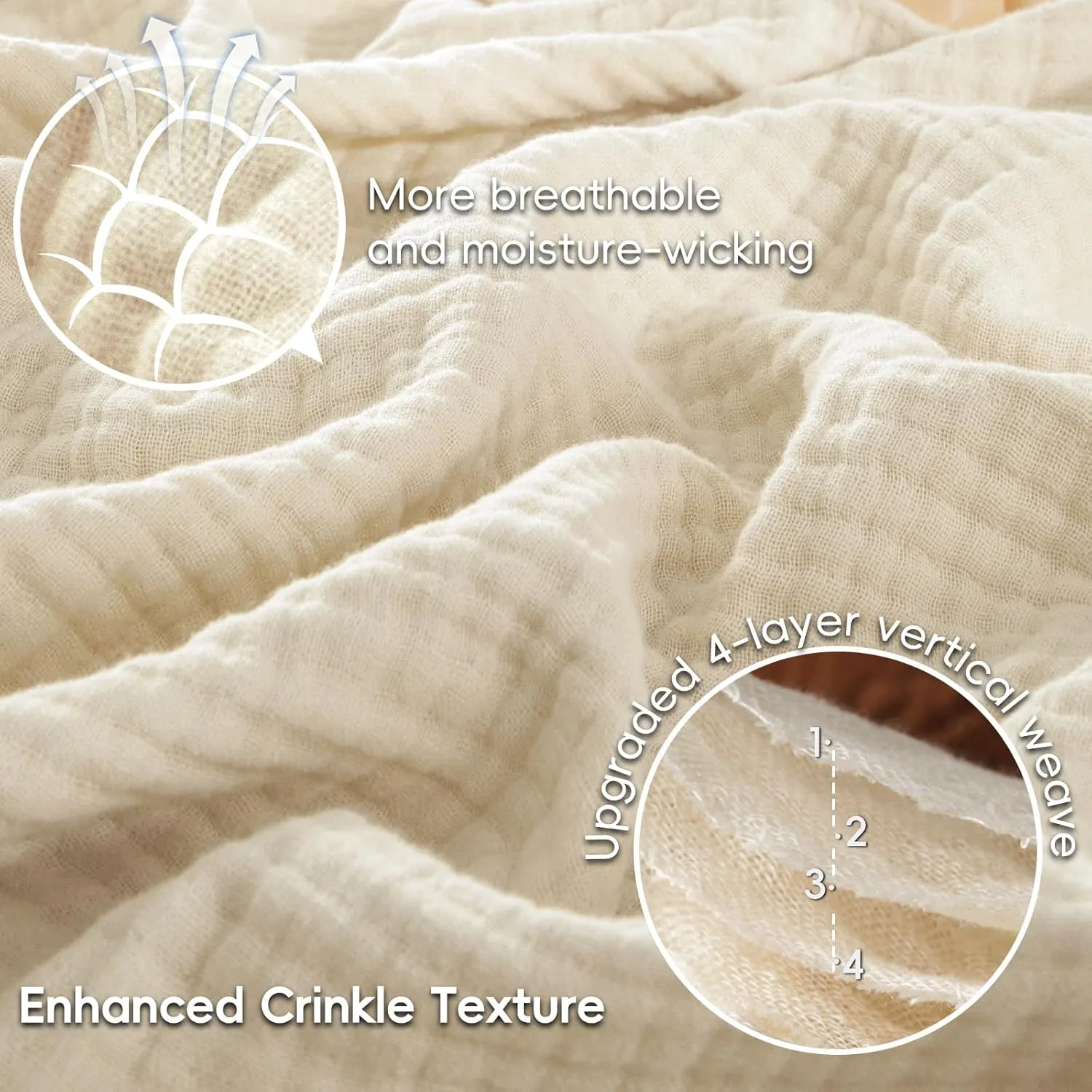 PHF 100% Cotton Muslin Blanket Queen Size 90" x 90", 4-Layer Lightweight and Breathable Blanket, Luxuriously Soft Gauze Blanket for Bed, Beige/Birch