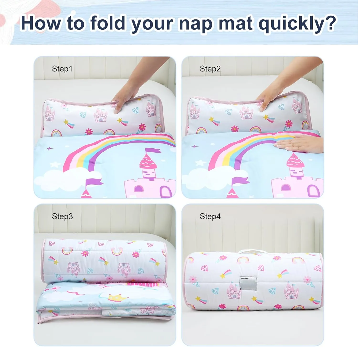 PHF Castle Toddler Nap Mat Set, with Removable Pillow for Toddler Girls, Soft and Lightweight for Daycare, Preschool, Travel, Kindergarten Sleeping Bag, Fits Ages 3-6 Years, Castle