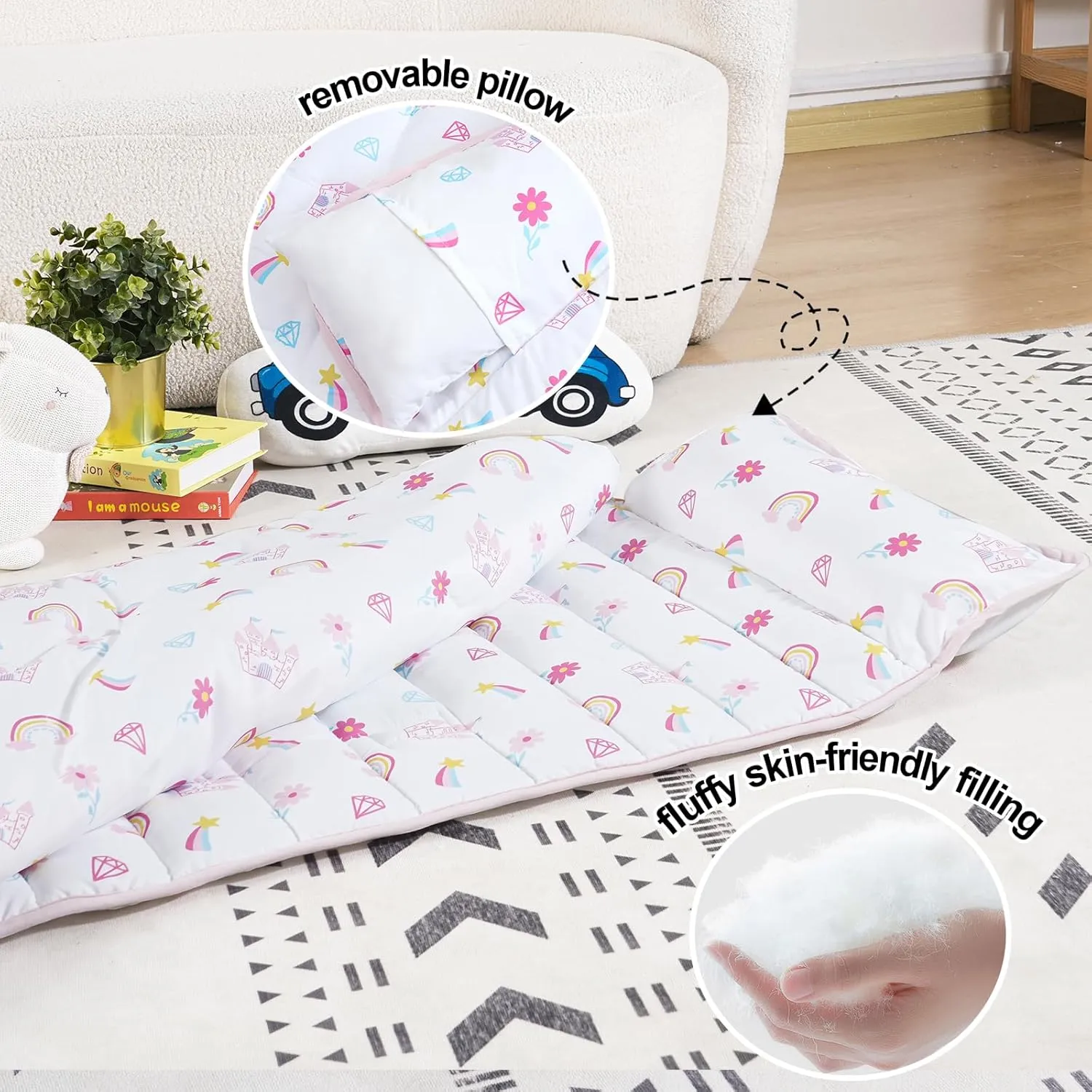 PHF Castle Toddler Nap Mat Set, with Removable Pillow for Toddler Girls, Soft and Lightweight for Daycare, Preschool, Travel, Kindergarten Sleeping Bag, Fits Ages 3-6 Years, Castle
