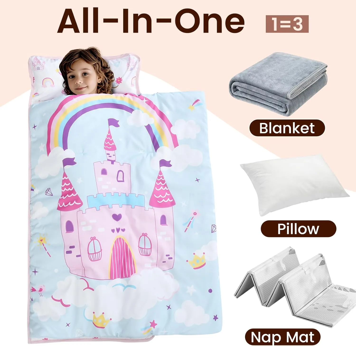 PHF Castle Toddler Nap Mat Set, with Removable Pillow for Toddler Girls, Soft and Lightweight for Daycare, Preschool, Travel, Kindergarten Sleeping Bag, Fits Ages 3-6 Years, Castle