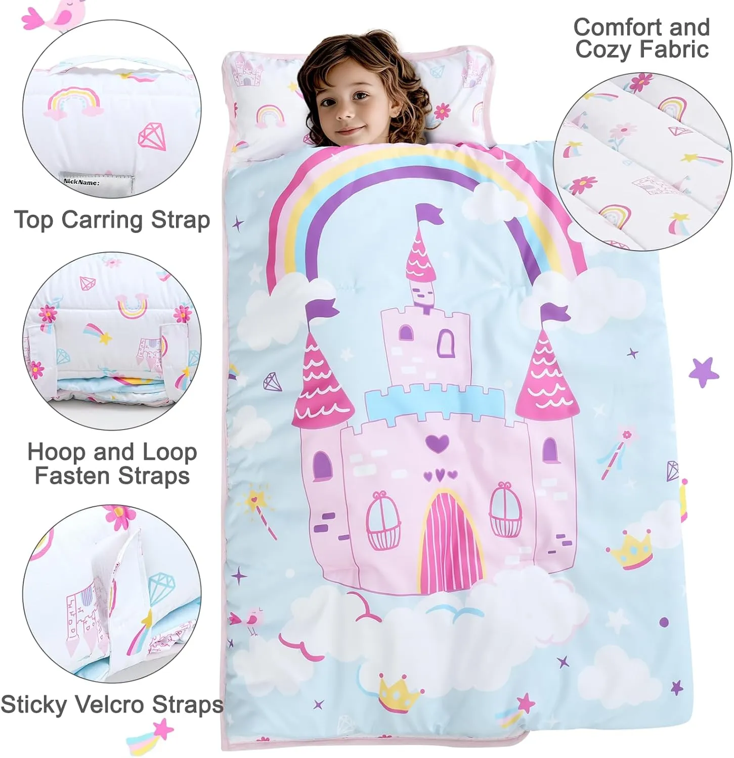 PHF Castle Toddler Nap Mat Set, with Removable Pillow for Toddler Girls, Soft and Lightweight for Daycare, Preschool, Travel, Kindergarten Sleeping Bag, Fits Ages 3-6 Years, Castle