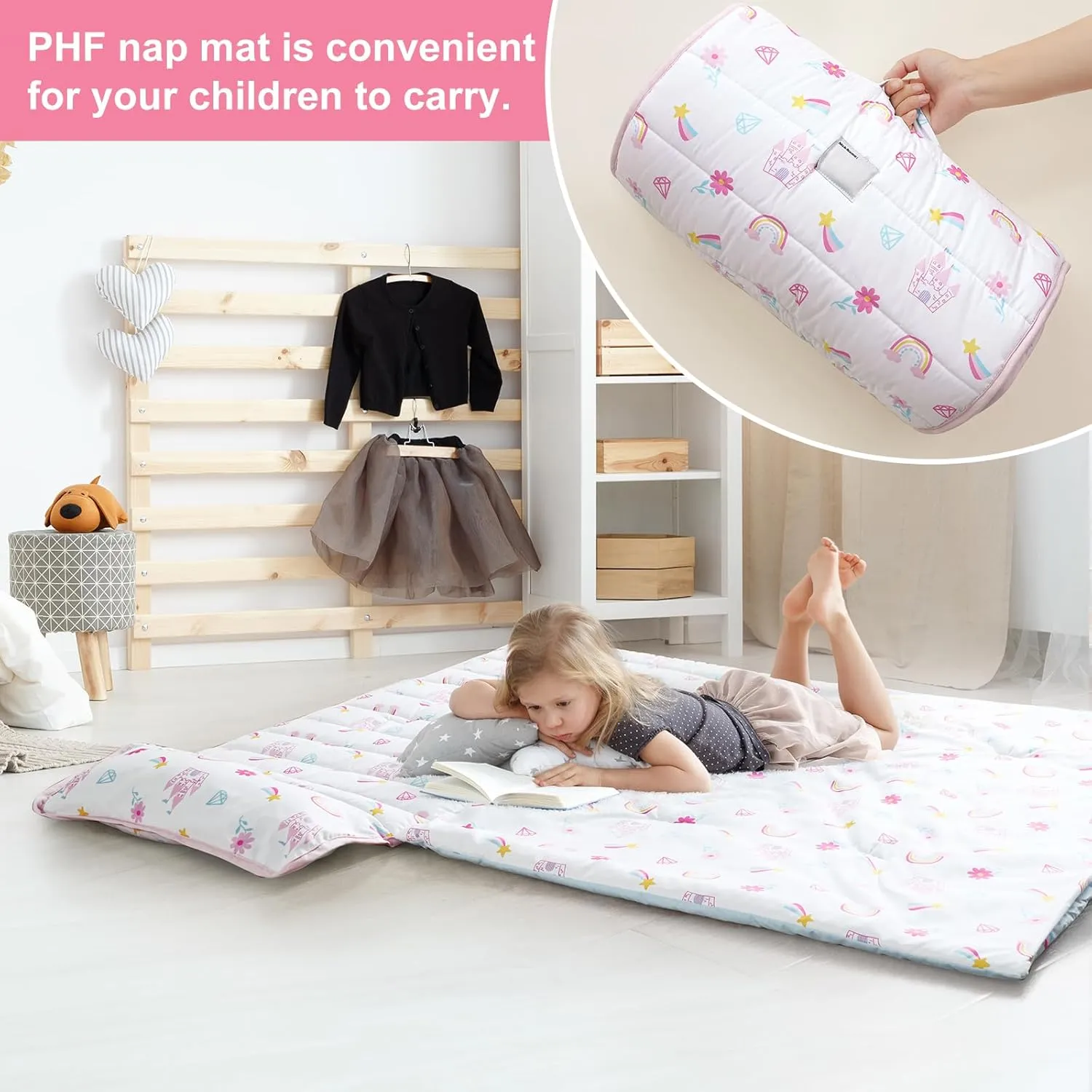 PHF Castle Toddler Nap Mat Set, with Removable Pillow for Toddler Girls, Soft and Lightweight for Daycare, Preschool, Travel, Kindergarten Sleeping Bag, Fits Ages 3-6 Years, Castle