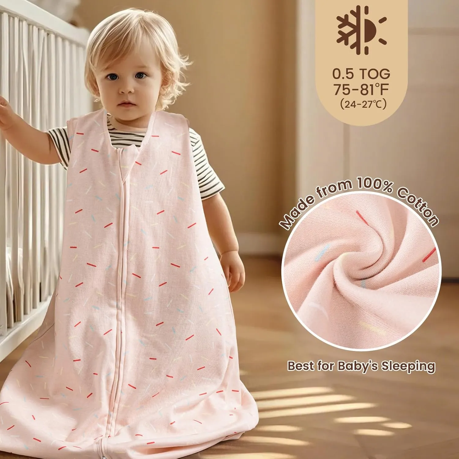 PHF Soft Baby Sleep Sack 6-12 Months 100% Cotton Wearable Blanket, 2-Way Zipper 0.5 TOG Toddler Sleeping Sack 3 Pack, Comfy Sleep Bag for Baby Boys Girls, Ice Cream (Medium)