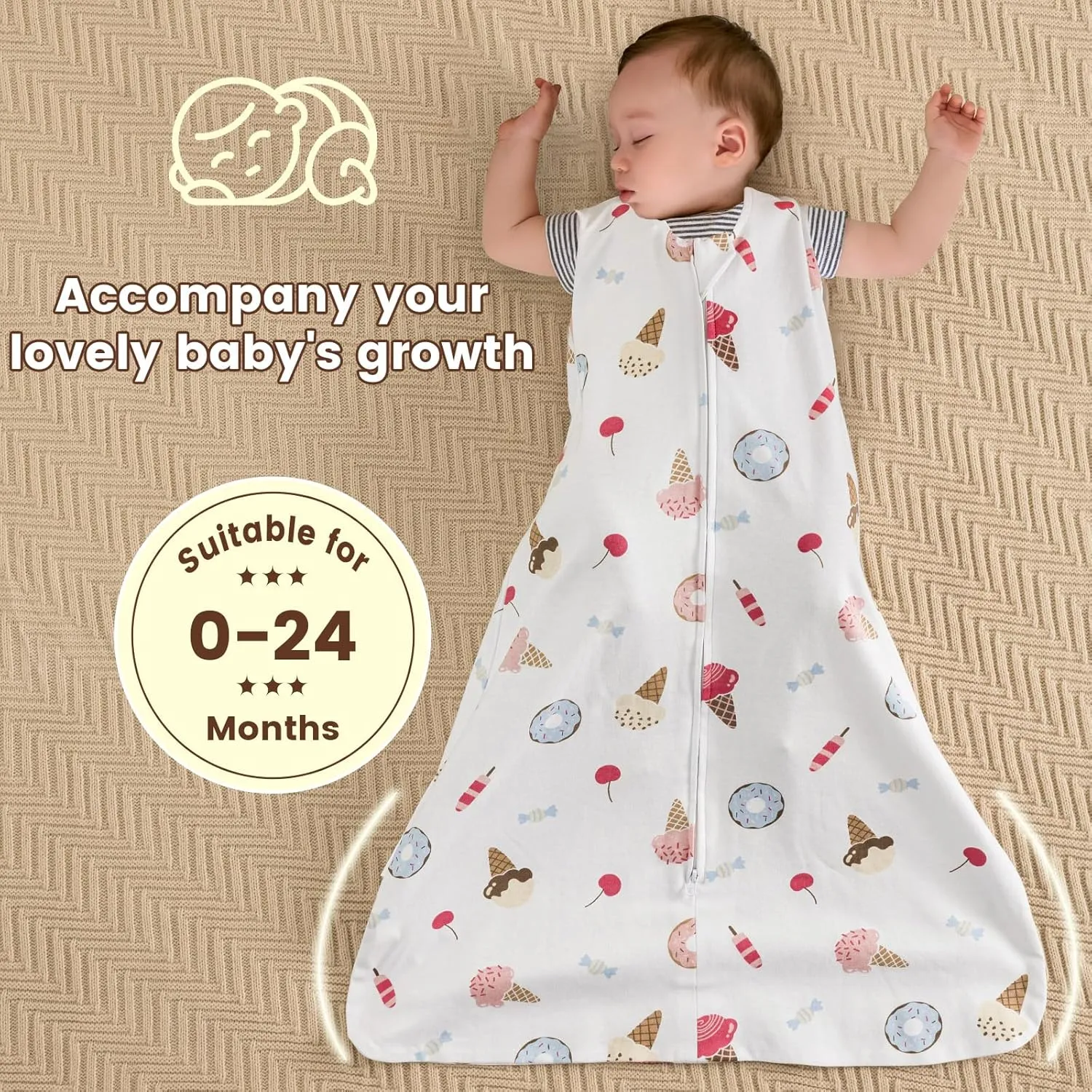 PHF Soft Baby Sleep Sack 6-12 Months 100% Cotton Wearable Blanket, 2-Way Zipper 0.5 TOG Toddler Sleeping Sack 3 Pack, Comfy Sleep Bag for Baby Boys Girls, Ice Cream (Medium)