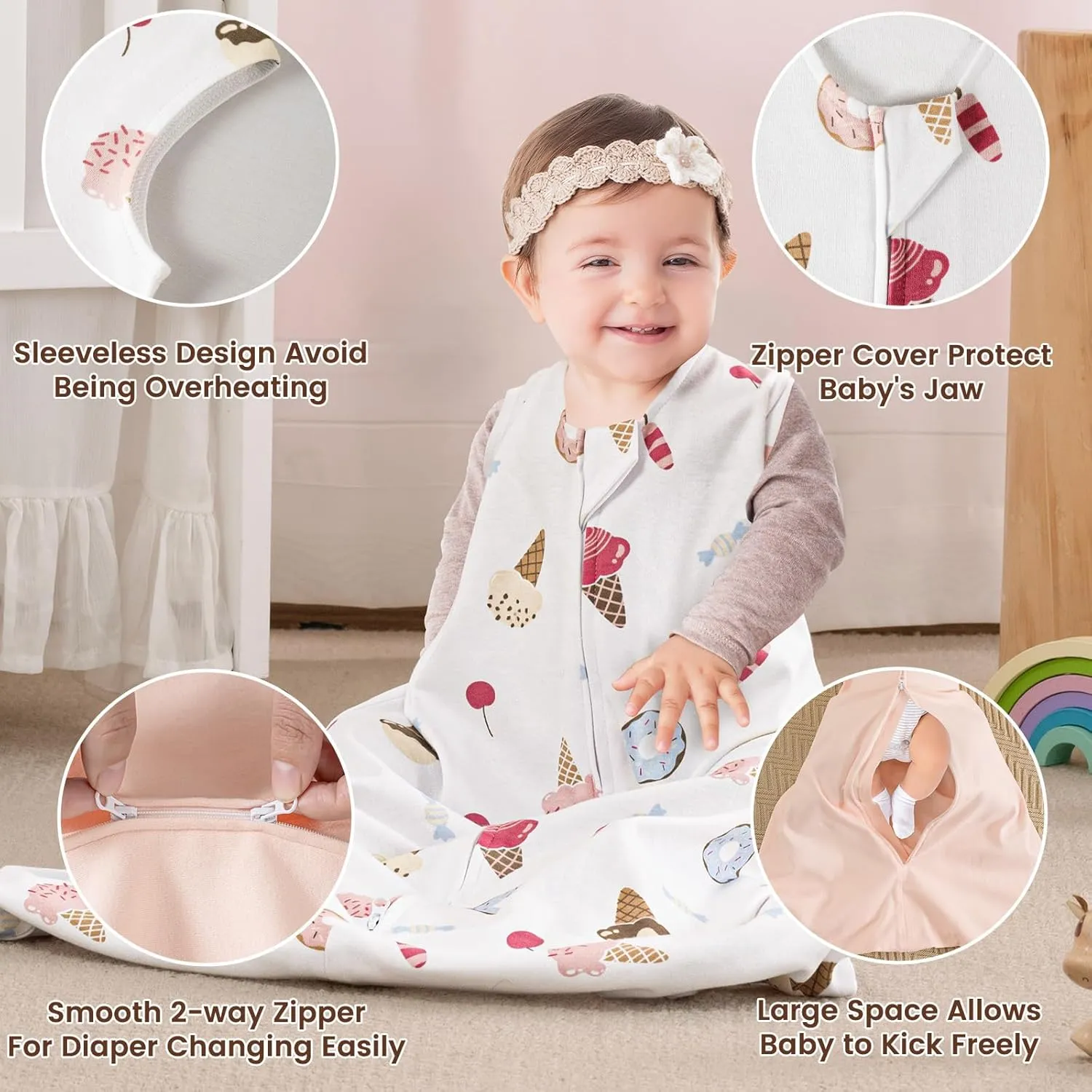 PHF Soft Baby Sleep Sack 6-12 Months 100% Cotton Wearable Blanket, 2-Way Zipper 0.5 TOG Toddler Sleeping Sack 3 Pack, Comfy Sleep Bag for Baby Boys Girls, Ice Cream (Medium)