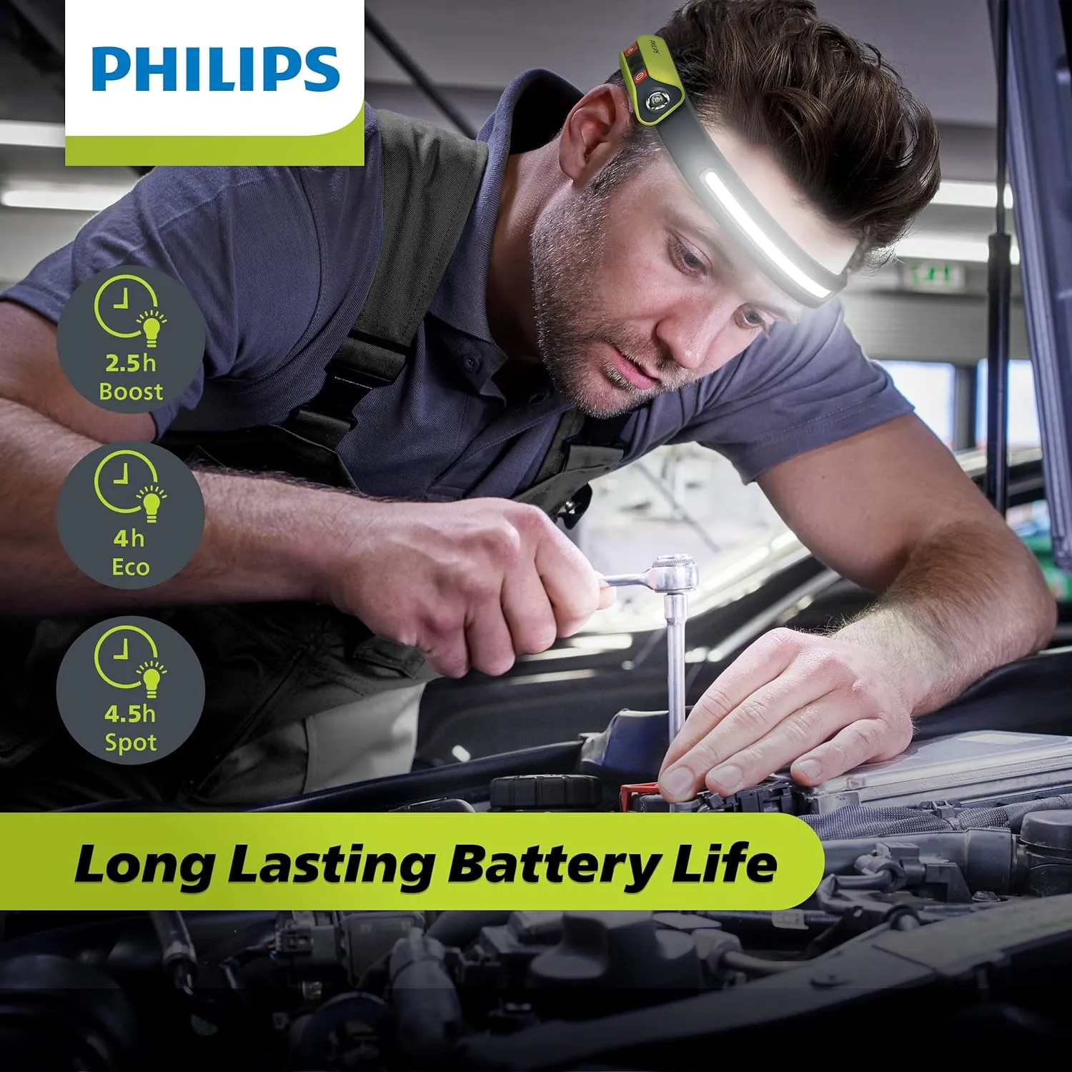 Philips Xperion 6000 LED Headlamp Work Light, 300 Lumen Professional Flashlight with Diffused Flood Light and Rotatable Spotlight for Mechanics, Running, Camping | X60HEADX1
