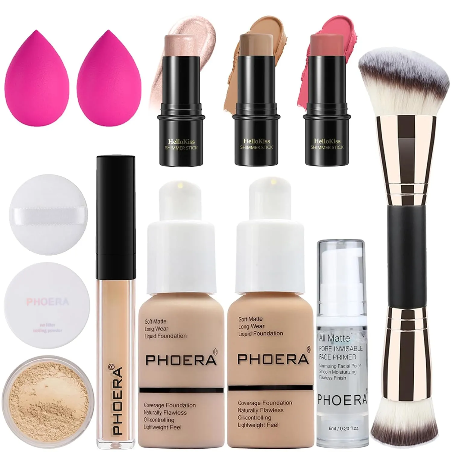 PHOERA Foundation 3-in-1 Contour Makeup Kit - Highlighter, Blush & Bronzer Sticks for Sculpting Cheeks (102 104 Fair-Light Contour/Nude Buff Beige #03,#09,#12)