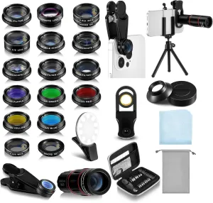 Phone Camera Lens Kit 21 in 1 with Selfie Light Universal 18x Telephoto Lens with Tripod 0.63x Wide Angle 15x Macro 198° Fisheye 2X Telephoto Cpl Compatible with Most Smartphone