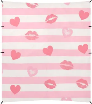 Pink White Stripes Heart Lip Love Foldable Beach Cabana UPF50 Lightweight Outdoor Sun Shade with Sandbags, Sand Shovel, Poles for Family Travel