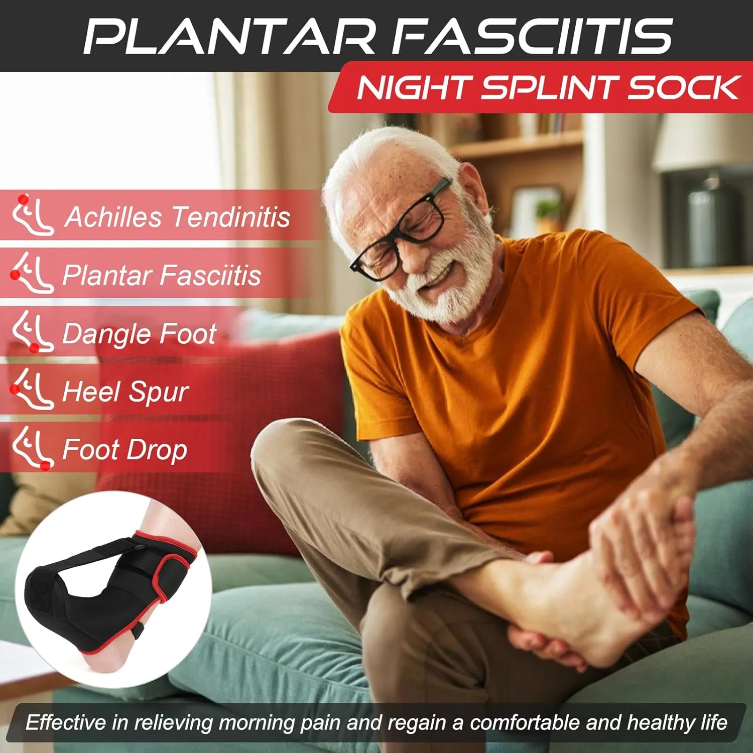 Plantar Fasciitis Night Splint Sock: Soft Plantar Fasciitis Brace with Arch Support for Sleeping Achilles Tendonitis Foot Drop Heel Pain - Plantar Fasciitis Relief for Women and Men Black-Red (Medium)