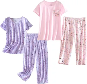 PNAEONG 2 Pack Women's Cotton Pajama Sets Short Sleeve Sleepwear Tops with Capri Pants Summer Loungewear Pj Sets S-3XL