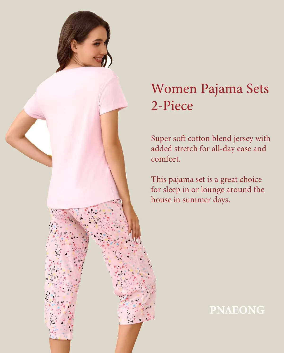 PNAEONG 2 Pack Women's Cotton Pajama Sets Short Sleeve Sleepwear Tops with Capri Pants Summer Loungewear Pj Sets S-3XL