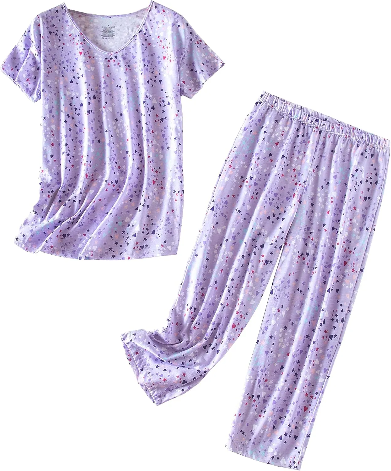 PNAEONG 2 Pack Women's Cotton Pajama Sets Short Sleeve Sleepwear Tops with Capri Pants Summer Loungewear Pj Sets S-3XL