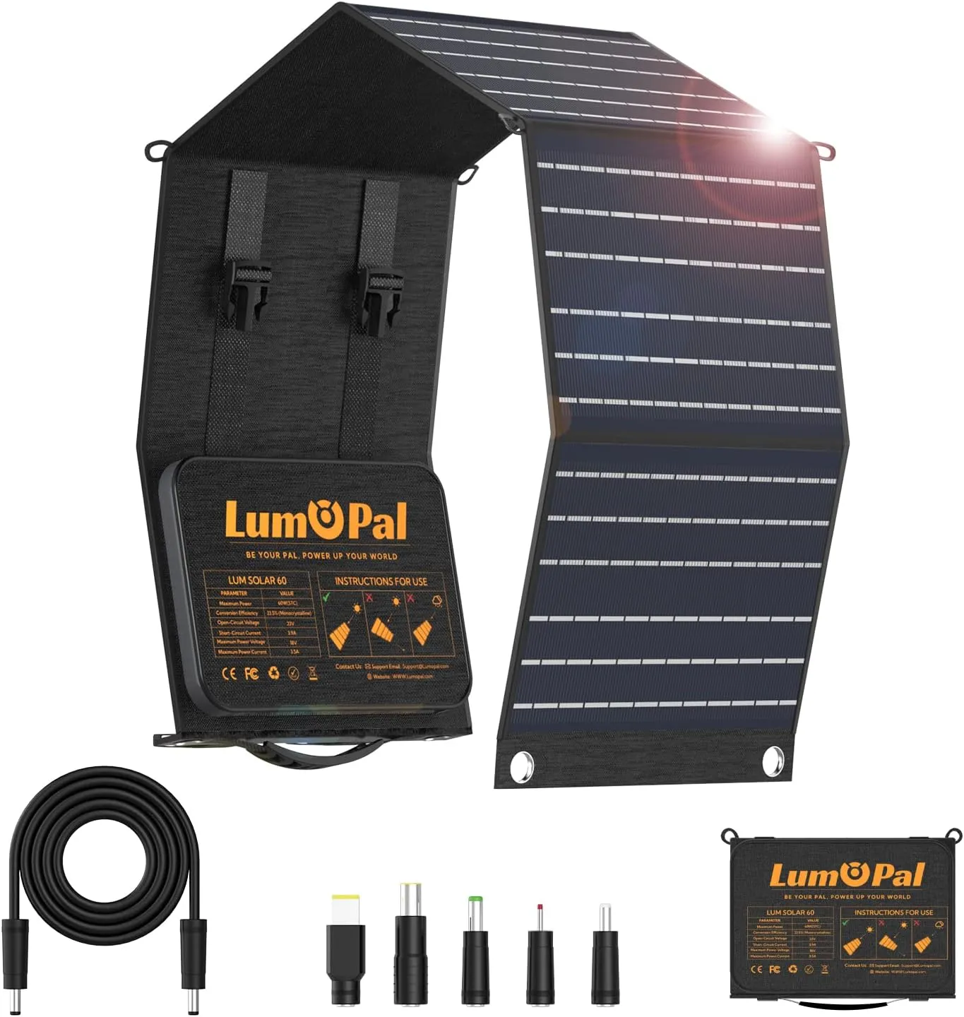 Portable Solar Panel, LUMOPAL 60W Foldable Solar Panels Folding Solar Charger with PD60W USB C QC3.0 USB A Output Waterproof for Camping Backpacking Compatible with Phone Laptop Portable Power Station