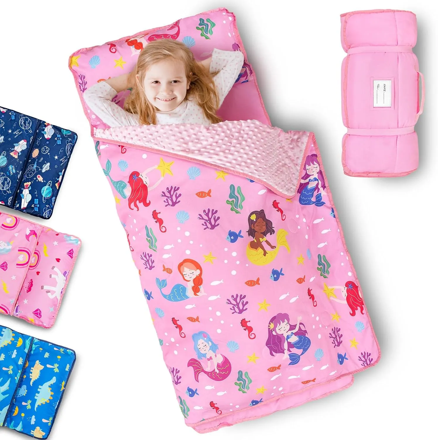 Primlect Toddler Nap Mat with Removable Pillow and Fleece Blanket, Extra Large 55''x35'' Sleeping Bag, Washable, Light, Easy to Roll up, Perfect for Daycare, Preschool, Kindergarten, Travel