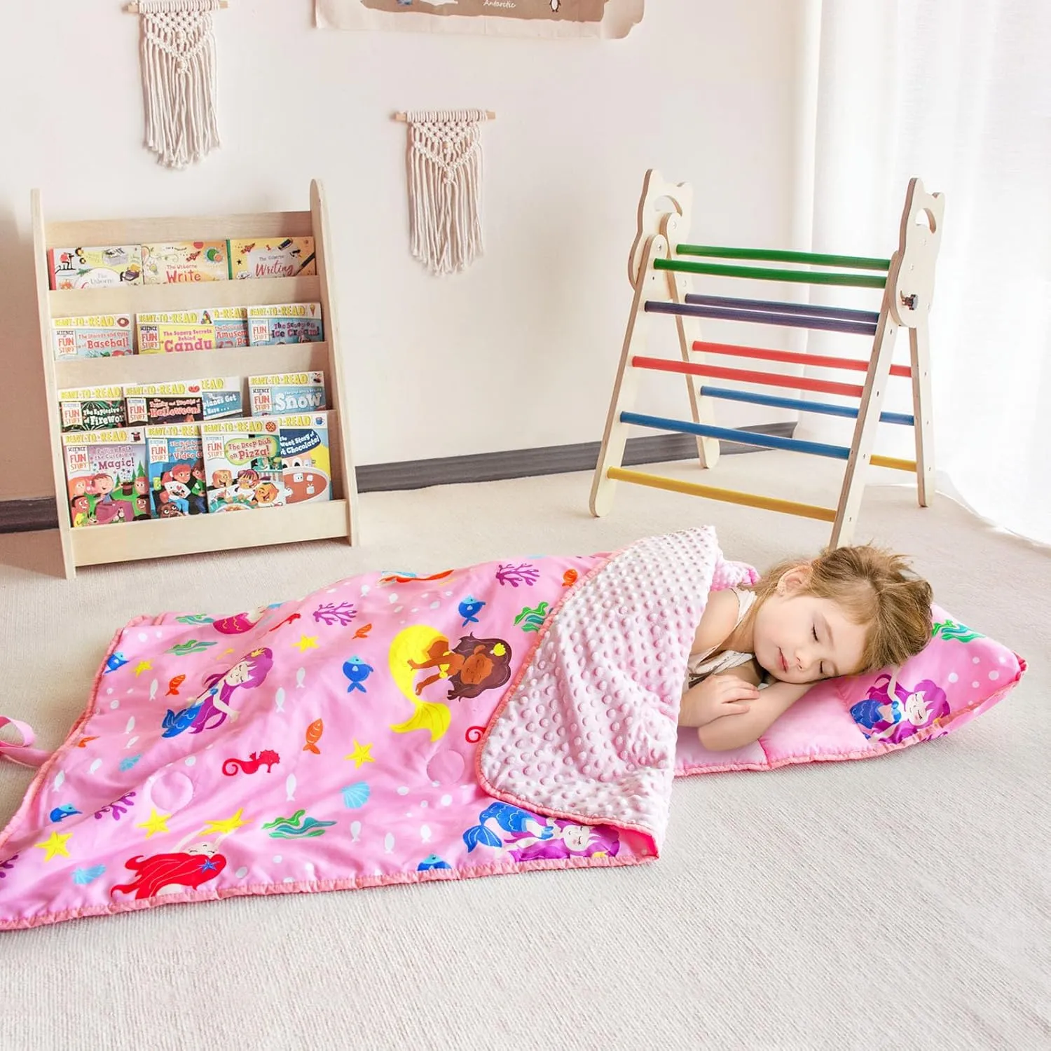 Primlect Toddler Nap Mat with Removable Pillow and Fleece Blanket, Extra Large 55''x35'' Sleeping Bag, Washable, Light, Easy to Roll up, Perfect for Daycare, Preschool, Kindergarten, Travel