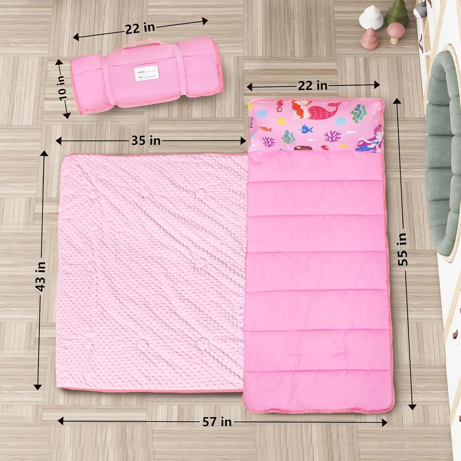 Primlect Toddler Nap Mat with Removable Pillow and Fleece Blanket, Extra Large 55''x35'' Sleeping Bag, Washable, Light, Easy to Roll up, Perfect for Daycare, Preschool, Kindergarten, Travel