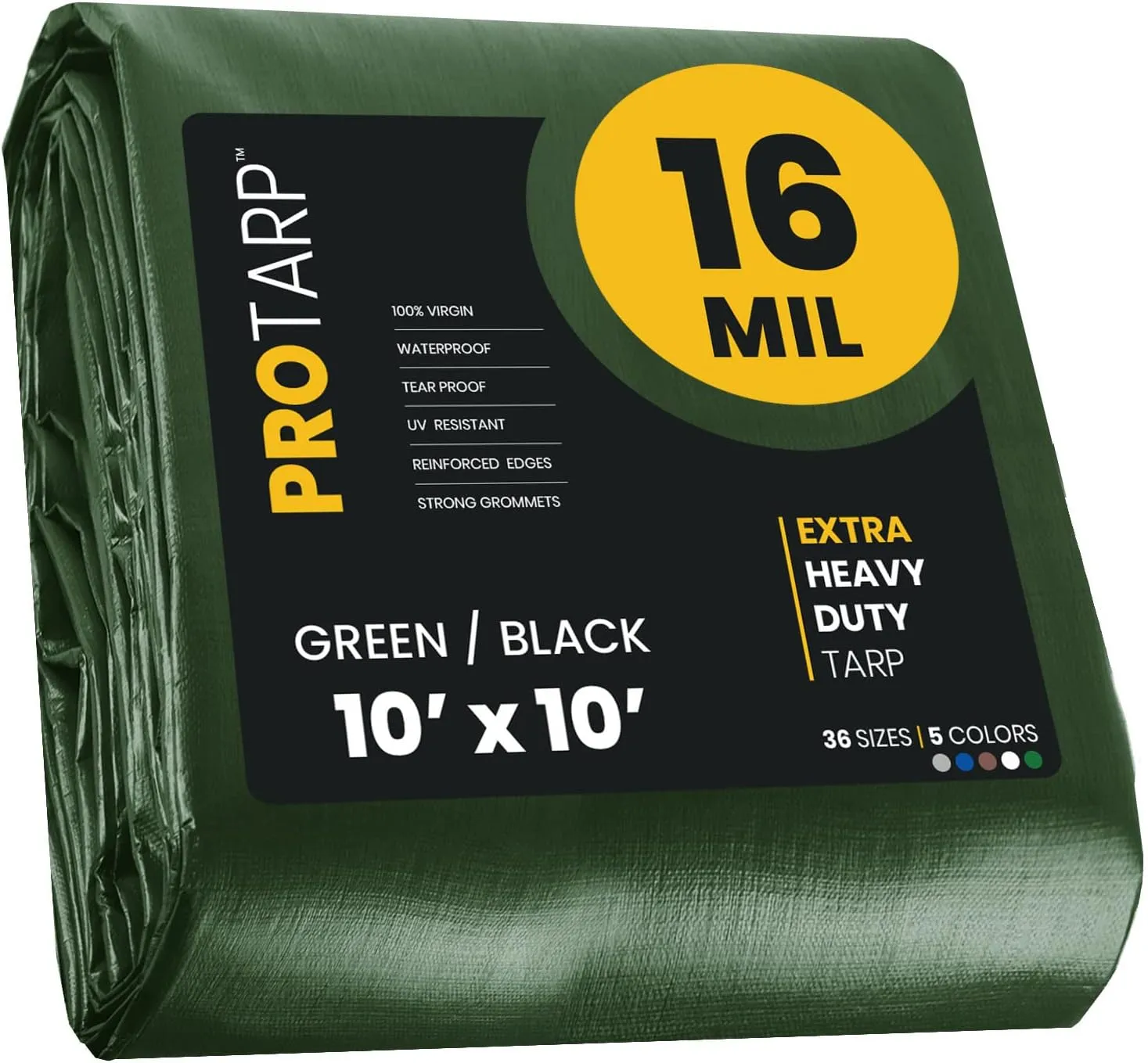 PROTARP Extra Heavy Duty 16 Mil Tarp Cover, Waterproof, UV Resistant, Rip and Tear Proof, Poly Tarpaulin with Reinforced Edges for Roof, Camping, Patio, Pool, Boat. (Green/Black 10′ X 10′)