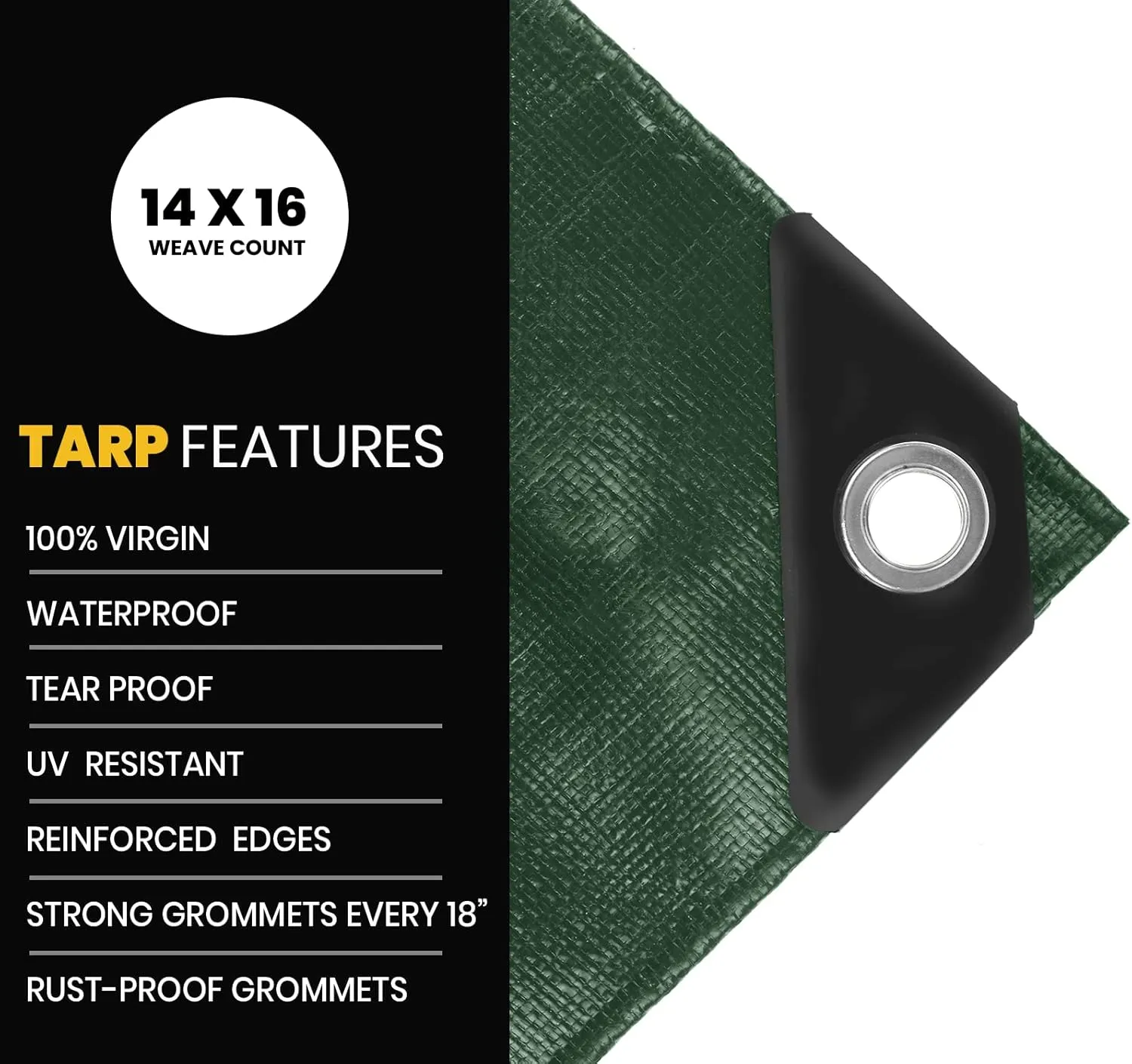 PROTARP Extra Heavy Duty 16 Mil Tarp Cover, Waterproof, UV Resistant, Rip and Tear Proof, Poly Tarpaulin with Reinforced Edges for Roof, Camping, Patio, Pool, Boat. (Green/Black 10′ X 10′)