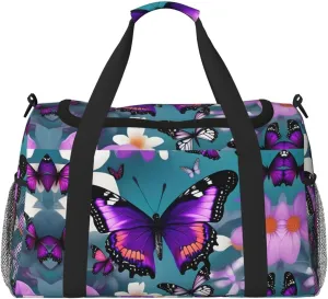 Purple Butterfly and Flowers print Weekender Overnight Carry On Bag Gym Luggage Bag Duffel Bag for Travel Women
