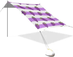 Purple White Striped Grape Fruit Designed UPF50  Beach Cabana Lightweight Outdoor Sun Shade with Sandbags and Shovel for Camping Trips, Fishing, Backyard Fun or Picnics Beach Parasol