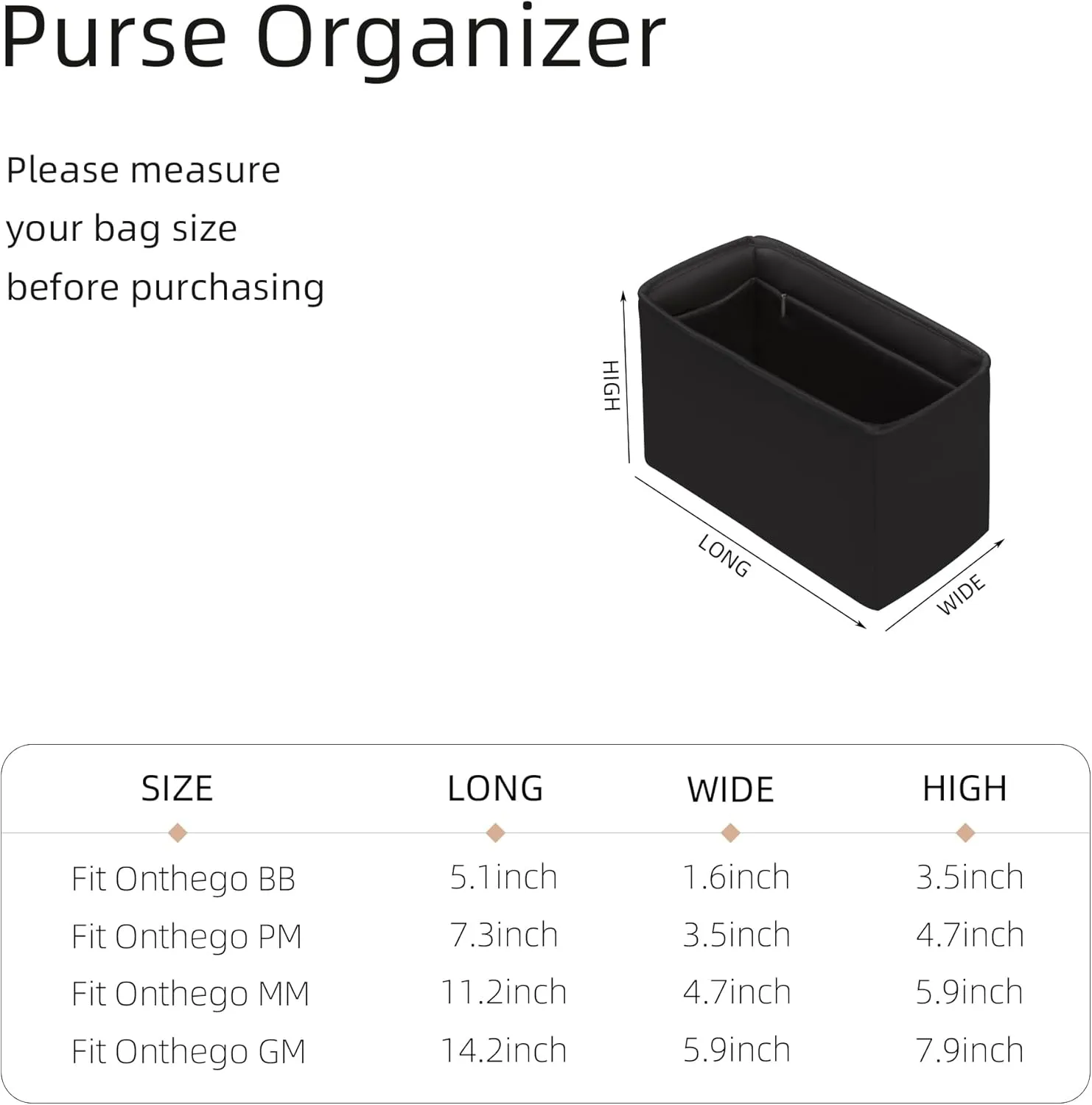 Purse Organizer with Zipper for LV OnTheGo BB/PM/MM/GM,Silky Smooth Insert,Lightweight Bag in Bag,Luxury Handbag Storage Accessories(MM with Zipper,Black)