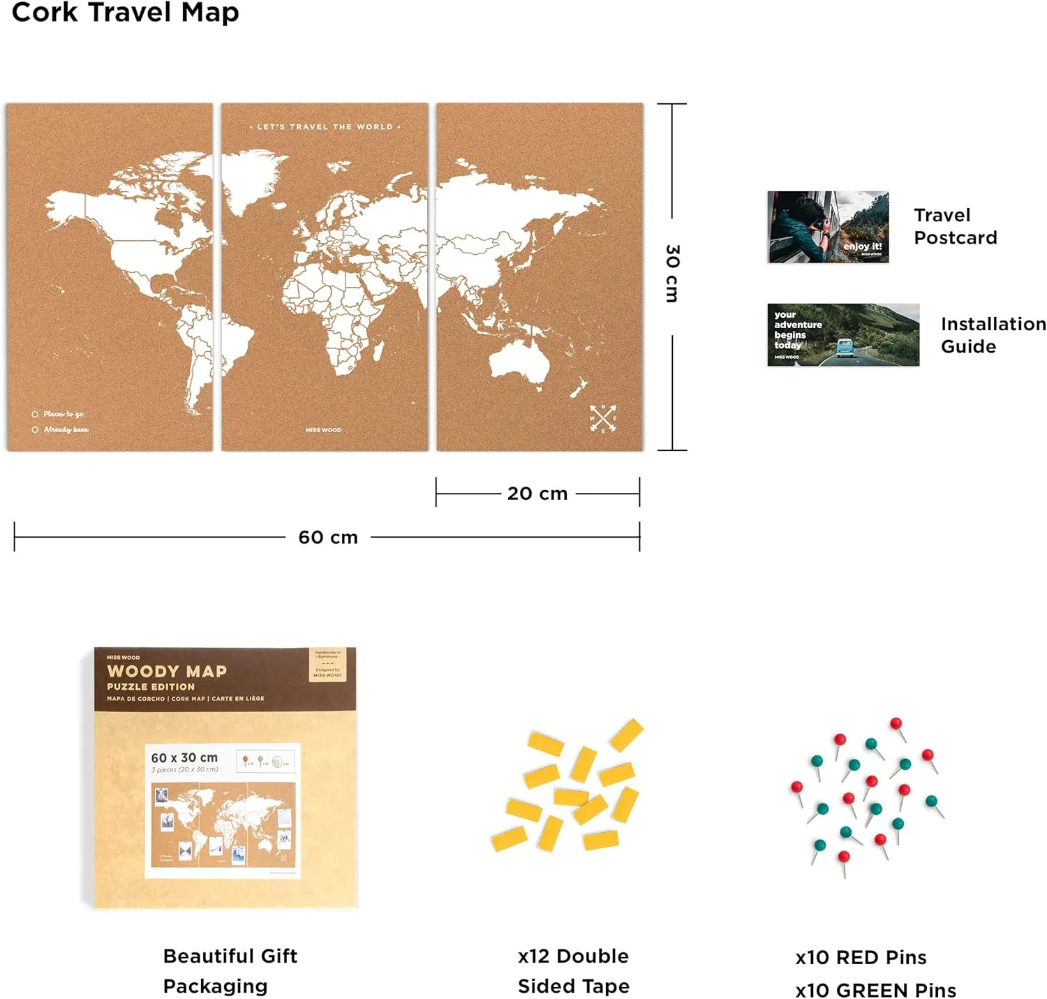 Push Pin Travel Map Kit Includes: Cork World Travel Map, Double Side tape, Pins. Gift for Travelers (White, Puzzle M Standard)