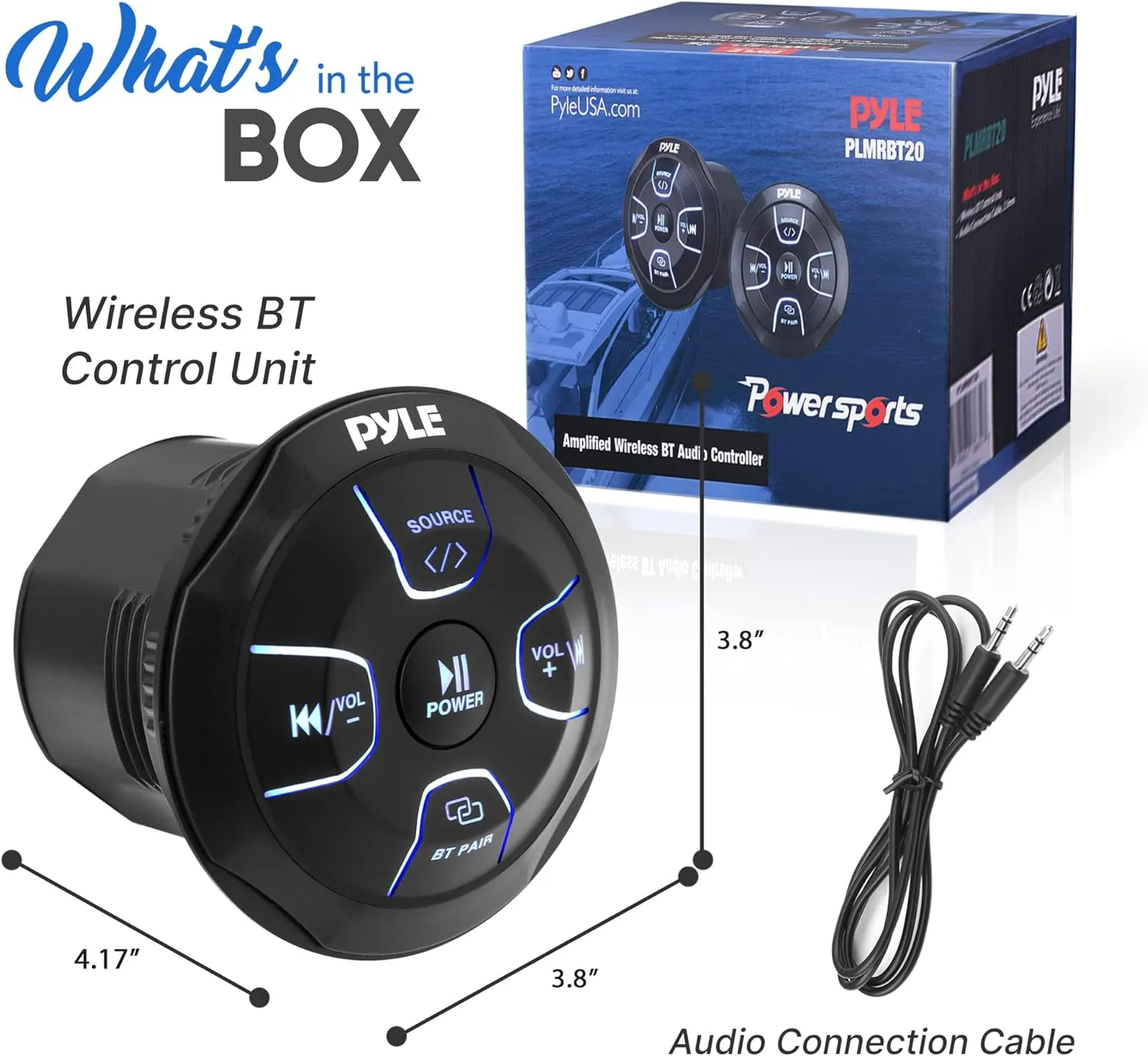 Pyle Amplified Wireless BT Audio Controller - 300 Watt Waterproof Rated Marine Receiver Remote Control for Car, Truck, Boat, 4x4, PowerSport Vehicles, Full Range Stereo Sound Reproduction -PLMRBT20