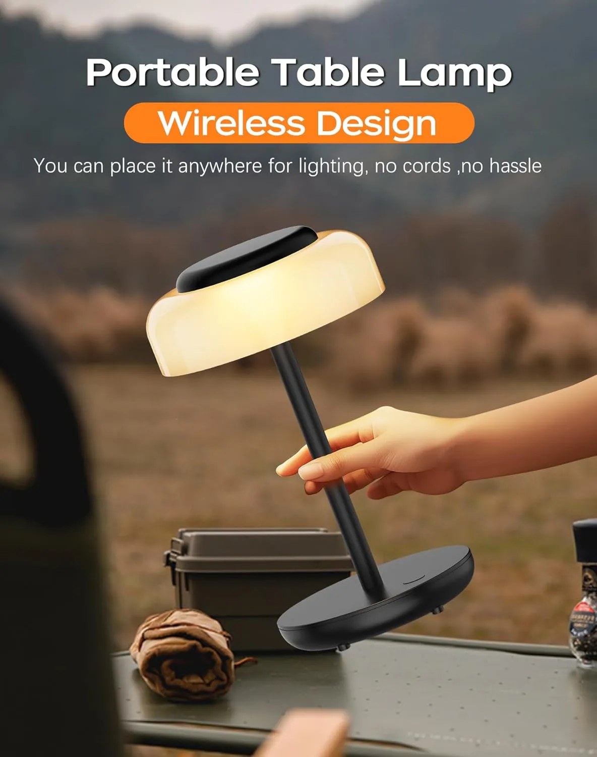 QiMH Battery Operated LED Table Lamp, 5000mAh Rechargeable Cordless Lamp, Stepless Dimmable Touch Control, Small Waterproof Desk Night Light for Living Room, Bedroom, Outdoor Bar (Black)