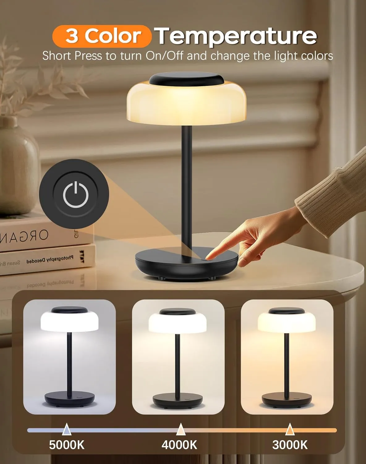 QiMH Battery Operated LED Table Lamp, 5000mAh Rechargeable Cordless Lamp, Stepless Dimmable Touch Control, Small Waterproof Desk Night Light for Living Room, Bedroom, Outdoor Bar (Black)