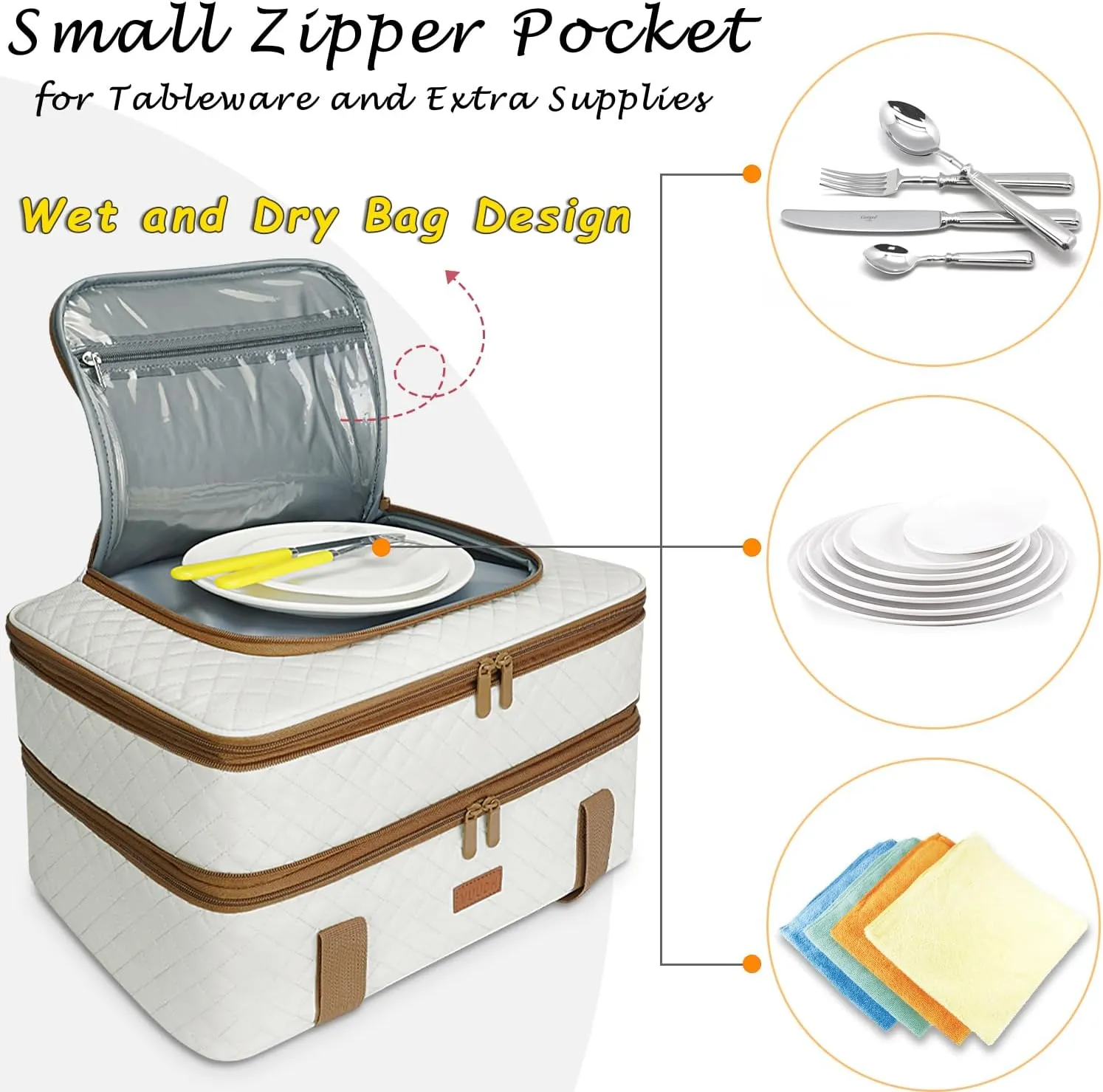 Quilted Insulated Double Casserole Carrier - Thermal Lunch Tote for Potluck Parties, Picnic, Beach, Fits 9 x 18 Inches Baking Dish, Casserole Dish, Expandable (Beige)