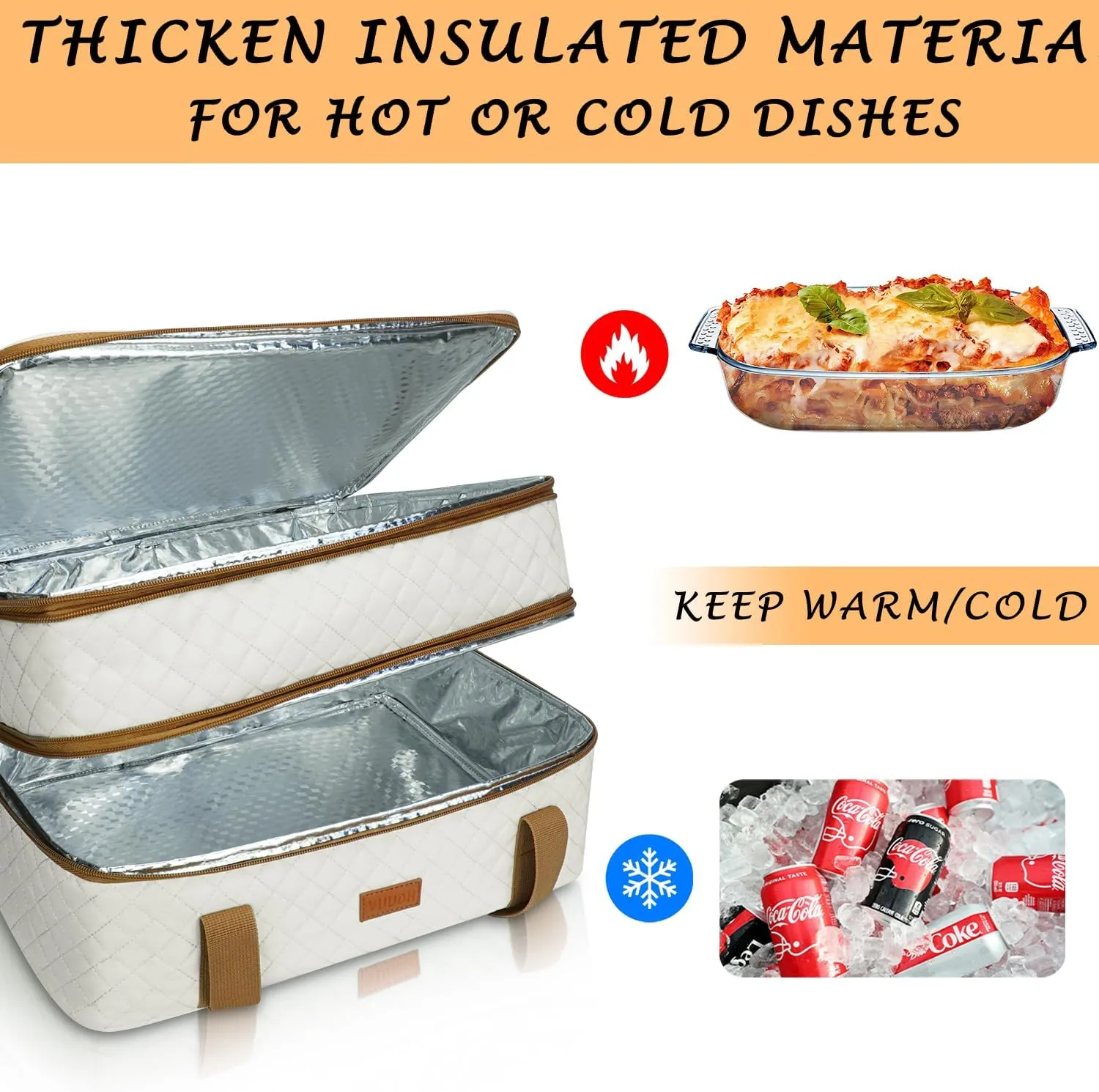 Quilted Insulated Double Casserole Carrier - Thermal Lunch Tote for Potluck Parties, Picnic, Beach, Fits 9 x 18 Inches Baking Dish, Casserole Dish, Expandable (Beige)