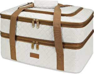 Quilted Insulated Double Casserole Carrier - Thermal Lunch Tote for Potluck Parties, Picnic, Beach, Fits 9 x 18 Inches Baking Dish, Casserole Dish, Expandable (Beige)