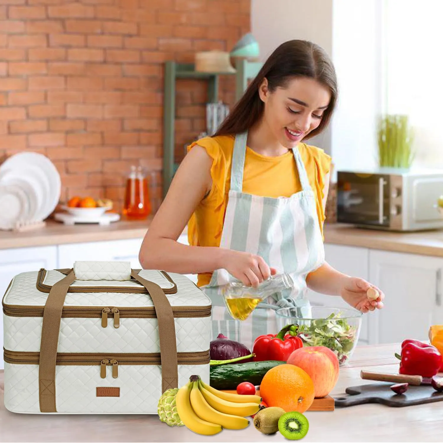Quilted Insulated Double Casserole Carrier - Thermal Lunch Tote for Potluck Parties, Picnic, Beach, Fits 9 x 18 Inches Baking Dish, Casserole Dish, Expandable (Beige)