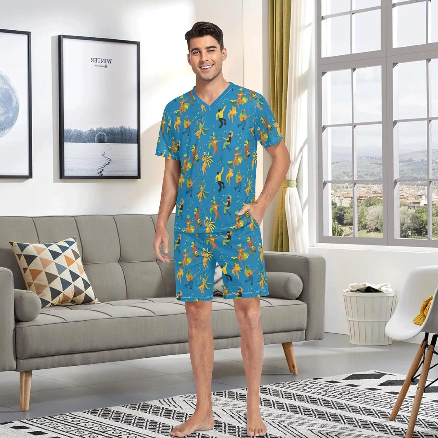 Rainbow Glitter Print Men Pajamas Sets Short Sleeve Sleepwear PJs Sets Two-Pieces Loungewear with Pockets