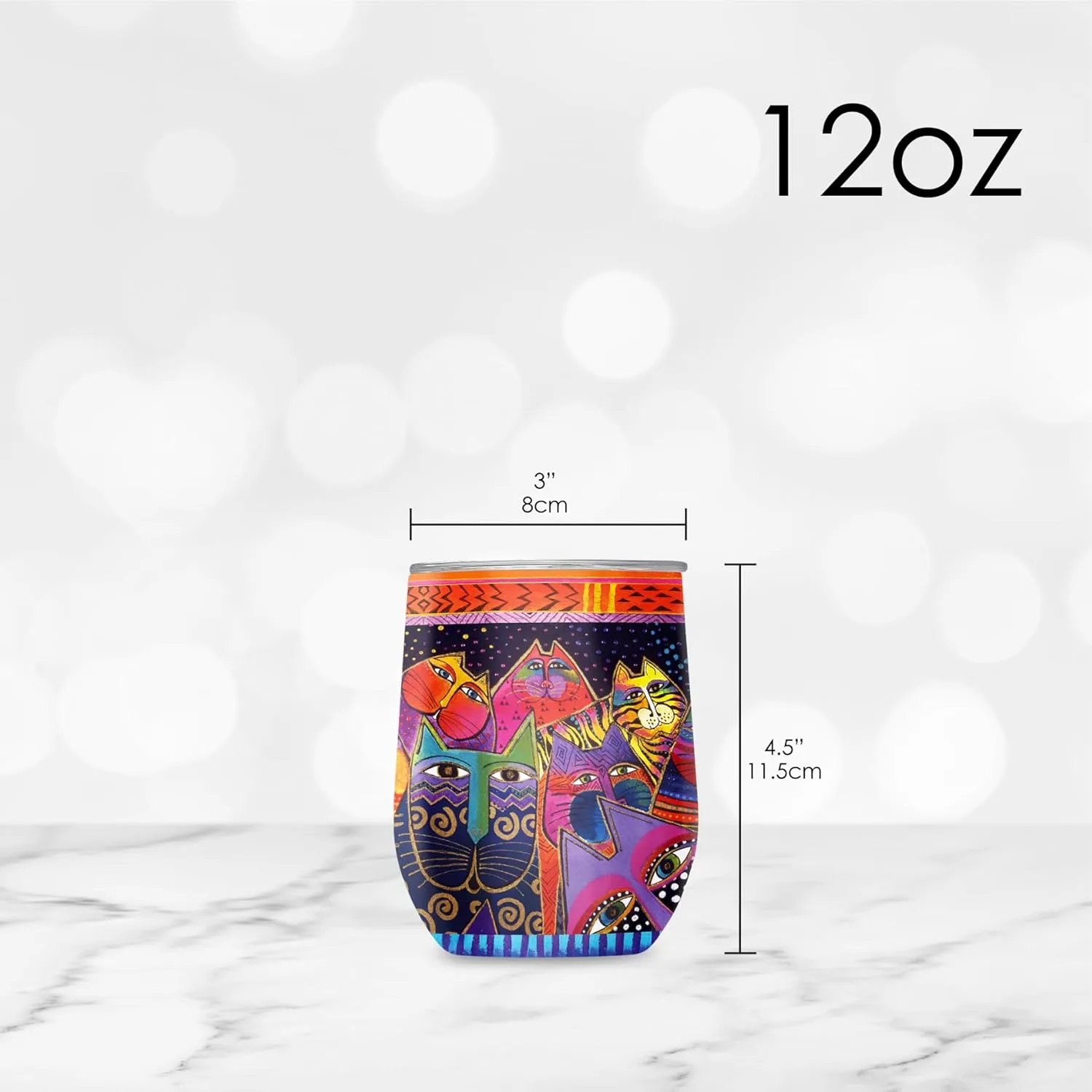 RainCaper 18/8 Stainless Steel Insulated Stemless Wine Tumbler | 12oz, BPA-Free, Double Wall for Hot & Cold | Travel-Friendly, Cup Holder Ready (Laurel Burch Fantasticats)