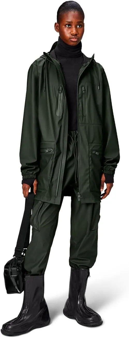 RAINS Cargo Long Jacket – Unisex Waterproof Raincoat with Adjustable Hood, Durable PU Fabric, Breathable & Lightweight Design