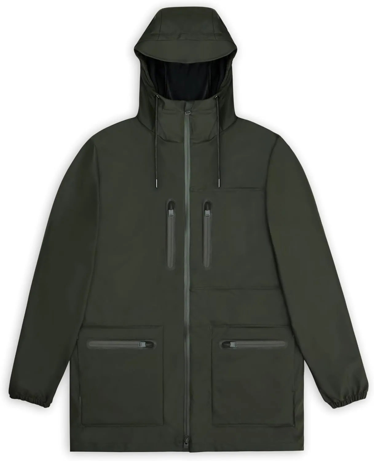 RAINS Cargo Long Jacket – Unisex Waterproof Raincoat with Adjustable Hood, Durable PU Fabric, Breathable & Lightweight Design