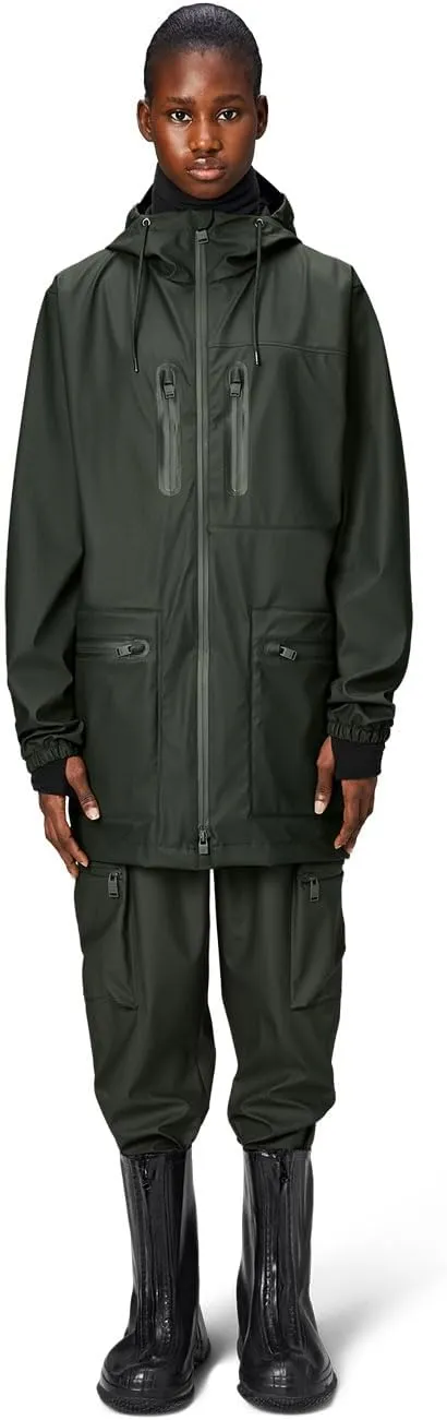 RAINS Cargo Long Jacket – Unisex Waterproof Raincoat with Adjustable Hood, Durable PU Fabric, Breathable & Lightweight Design