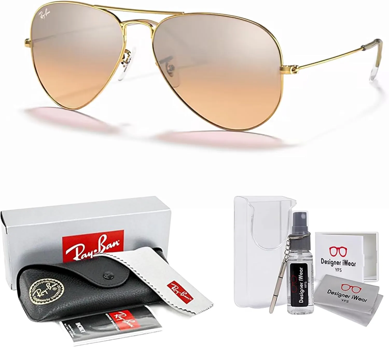 Ray-Ban RB3025 Metal Aviator Sunglasses For Men For Women   BUNDLE with Designer iWear Eyewear Care Kit