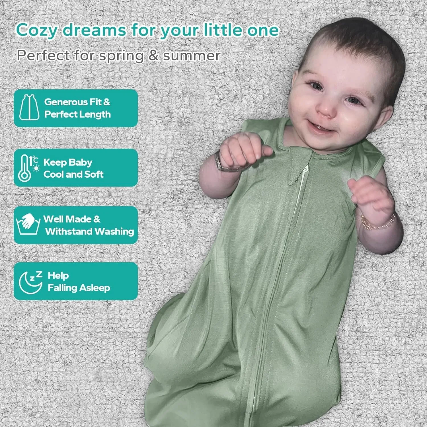 Rayon Made from Bamboo Sleep Sack, 0.5 TOG Wearable Blanket Baby, Lightweight Stretchy Sleep Sack 12-24 Months, Green