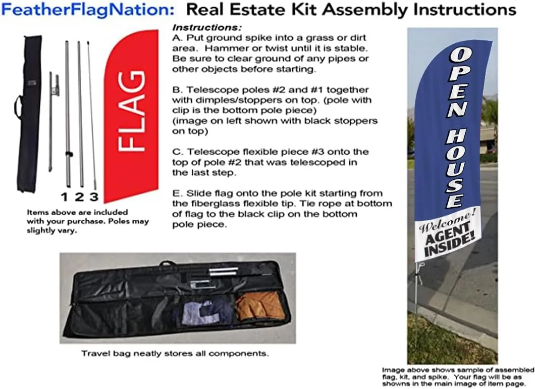 Real Estate Open House (blue) Feather Banner Flag Sign with Flag Pole, Ground Stake, and Travel Bag (FFN-9003)