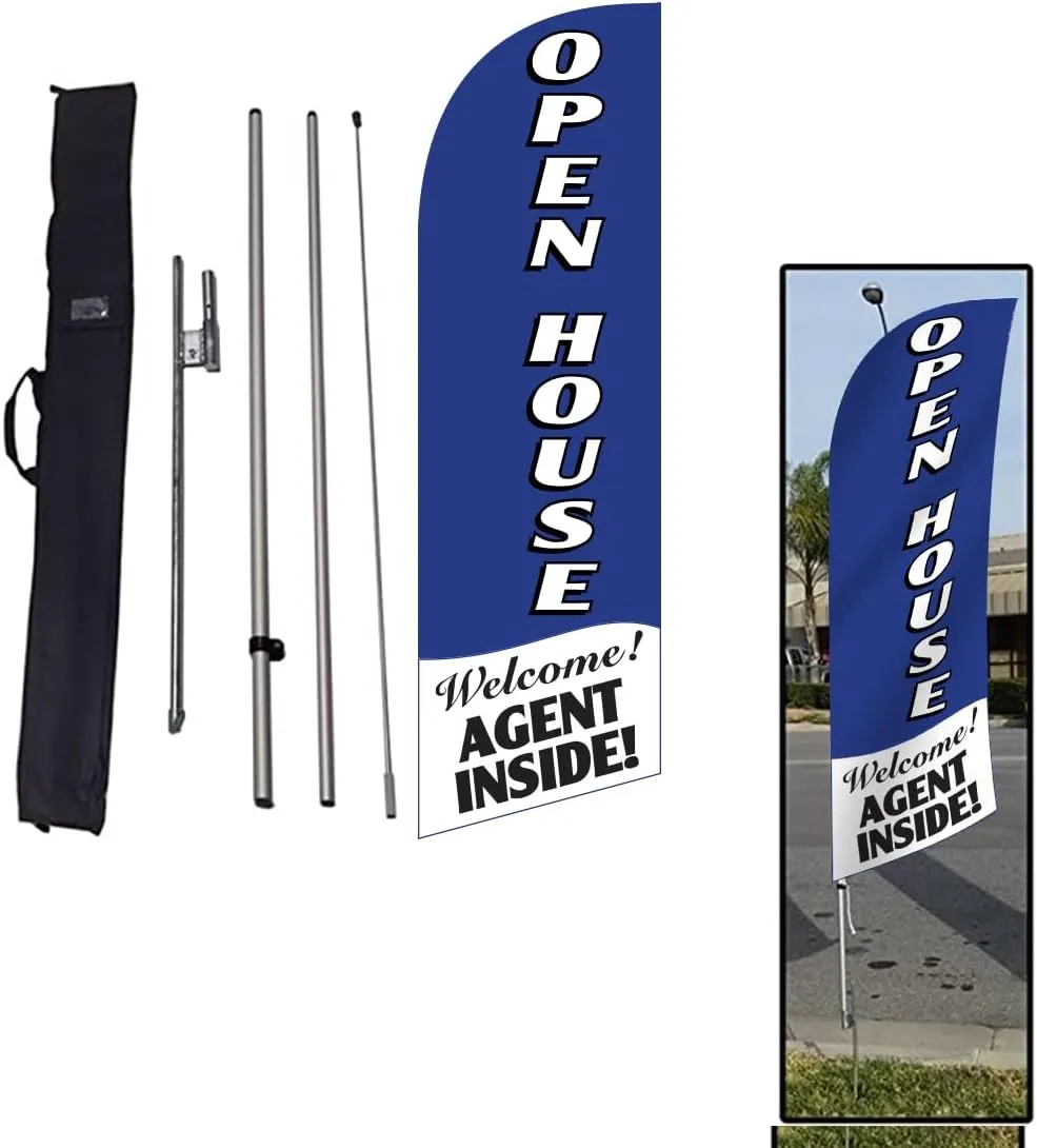 Real Estate Open House (blue) Feather Banner Flag Sign with Flag Pole, Ground Stake, and Travel Bag (FFN-9003)