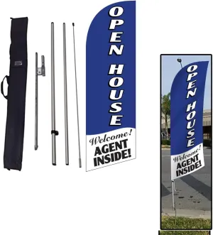 Real Estate Open House (blue) Feather Banner Flag Sign with Flag Pole, Ground Stake, and Travel Bag (FFN-9003)