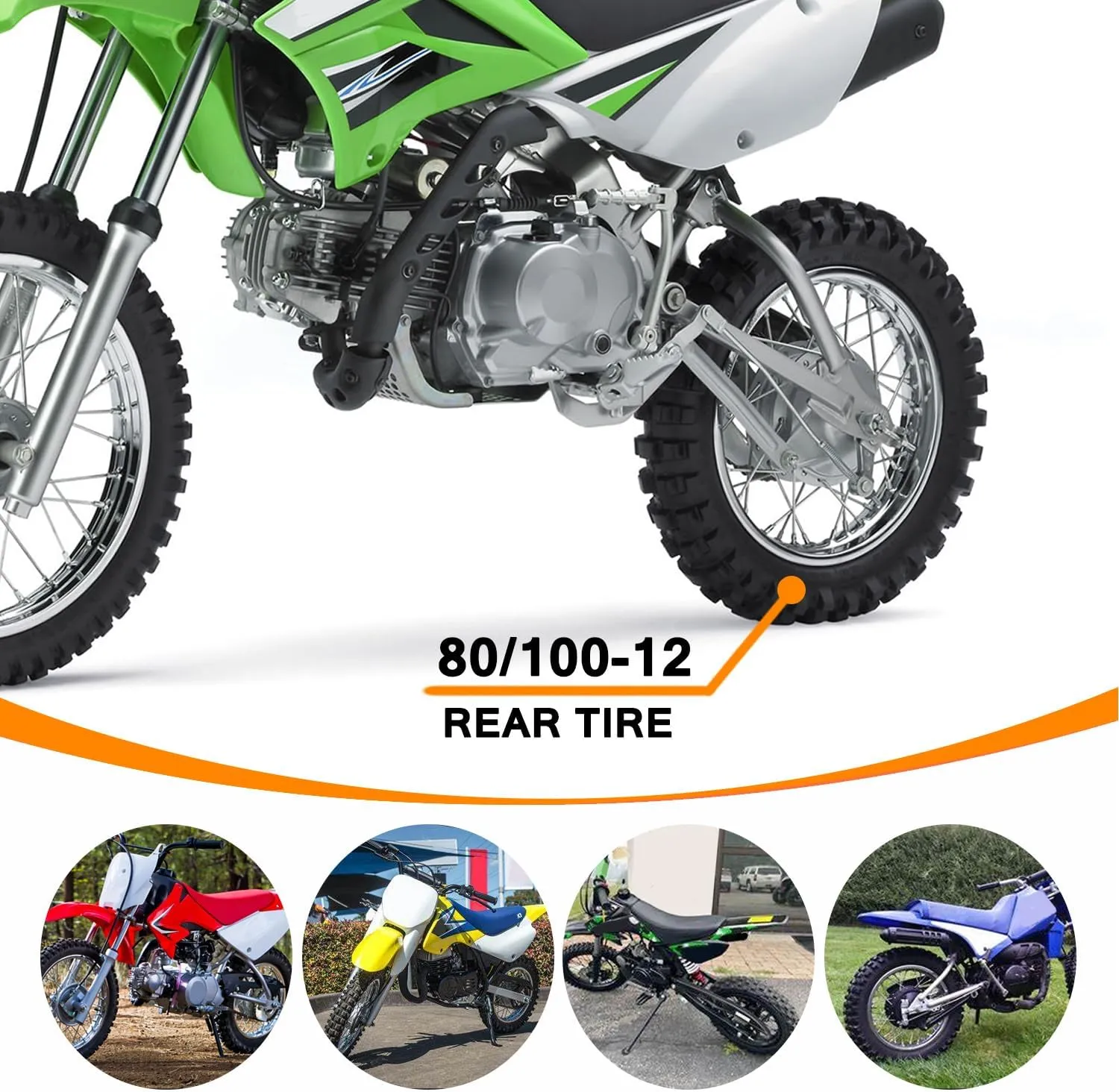 Rear 80/100-12 3.00-12 Tire and Inner Tube for 110cc 125cc CRF70 CRF110 XR70 KLX110 TTR90 PW80 RM60 RM65 TaoTao DB14 SSR Apollo Coolster Dirt Pit Bike Motorcycle Off Road Motocross Heavy Duty