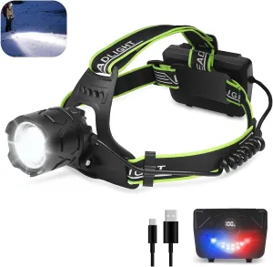 Rechargeable LED Headlamp Super Bright 1200000 Lumens Zoomable Waterproof Headlight,Digital Power Display 90°Adjustablee with Warn Red Light Headlamps for Hunting Camping,Adventures